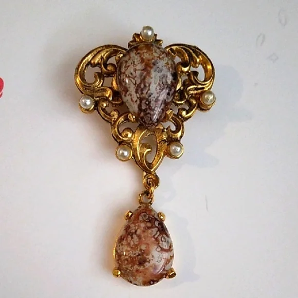 Vintage Gold and Brown Marble Brooch with Pearls - Picture 3 of 5